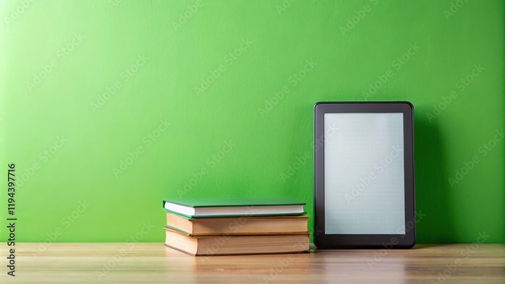 Poster Stack of books and e-reader on a wooden surface against a green background.