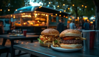 Two juicy burgers with fries on a table at a food truck event.