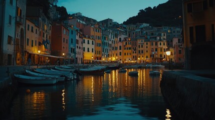 Fototapeta premium Evening view of Porto Venere harbor, colorful houses reflected in the calm water, boats gently swaying under lantern light.