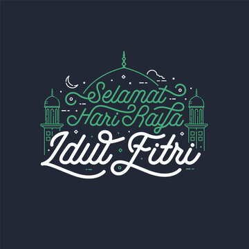 Selamat hari raya idul fitri lettering means happy eid al fitr vector illustration. Eid mubarak lettering typography design