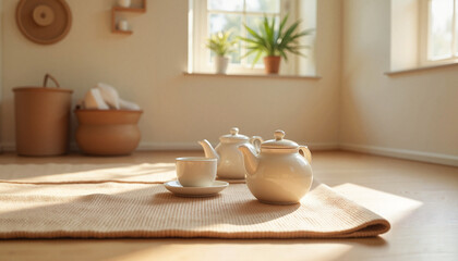 Minimalist Chinese tea set in serene meditation room, calm ambiance