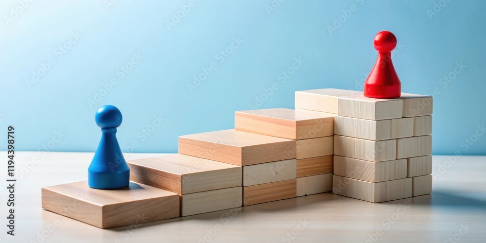 Poster strategic advancement wooden blocks and game pieces illustrate progress and competition