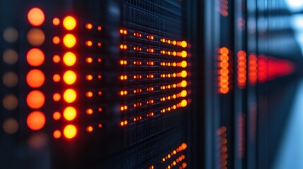 Abstract close-up of illuminated server racks displaying vibrant red lights, symbolizing data processing and technology in a digital environment