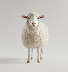 Fototapeta premium A sheep standing on the ground, front view, white background, real photo style, full body shot, 3D rendering, high definition resolution, natural lighting,