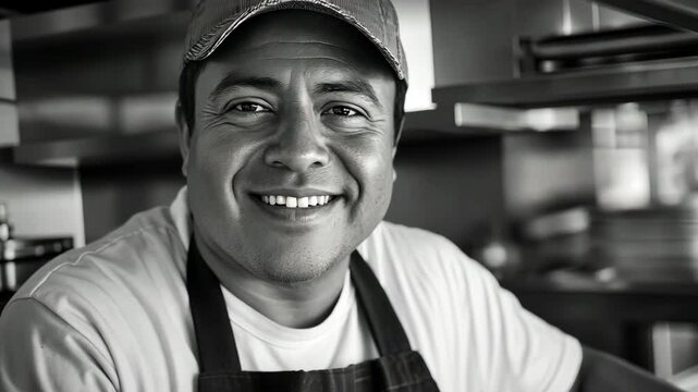 Black and white tracking undocumented immigrant Latino middle aged man with a beard wearing an apron and baseball cap smiling while working in a restaurant kitchen.