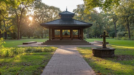 Obraz premium Serene park gazebo sunset, paved path, fountain. Peaceful autumn scene, ideal for relaxation or travel brochures