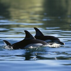Obraz premium Two Pacific White Sided Dolphins Swimming Gracefully in Ocean Waters