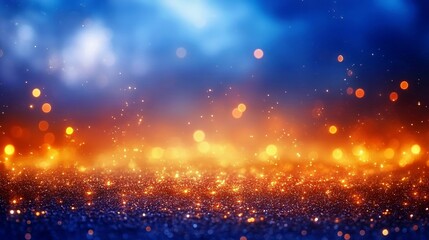 Fototapeta premium Abstract bokeh lights create an enchanting background. Glitter and glow in orange and blue provide a vibrant night atmosphere. This dreamy texture adds sparkle magic to any design.