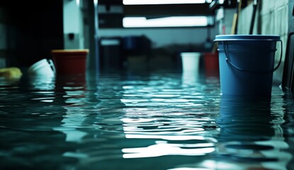 Flooded basement with buckets partially submerged in murky water.