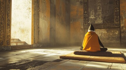 Monk meditating in ancient temple sunlight.