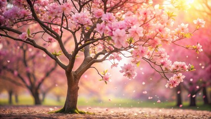 Obraz premium Serene Springtime A Pink Blossom Tree in Full Bloom, Petals Falling Gently