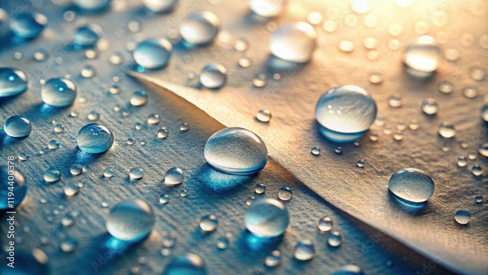 Poster close-up of water droplets on a textured surface, illuminated by soft light