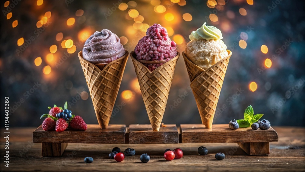 Aufkleber three delectable ice cream cones on a rustic wooden stand with assorted berries