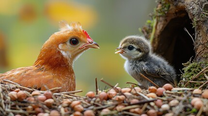 Obraz premium A heartwarming encounter: A young hen and a baby bird share a nest, showcasing nature's gentle side. A moment of peaceful coexistence.