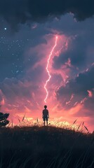 Fototapeta premium Silhouette of a Boy Witnessing a Magical Sunset and Lightning
