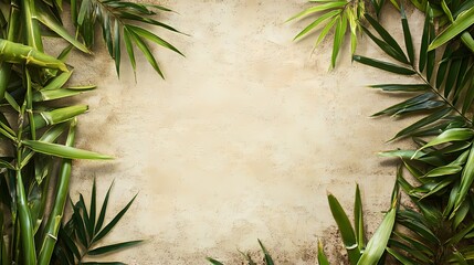 Green Tropical Leaves on Beige Textured Background for Natural and Organic Designs, Perfect for Eco-Friendly Themes, Invitations, and Summer Promotions