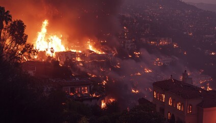 Fototapeta premium A massive fire spreads across the hillside in Los Angeles, California, threatening homes and structures as thick smoke and flames rise into the orange sky. Emergency response efforts are underway.