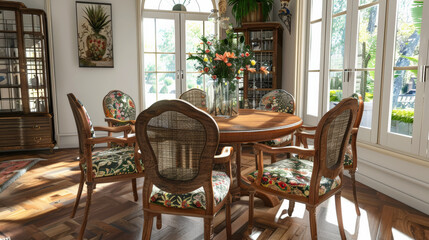 Obraz premium Elegant dining nook featuring round wooden table and floral chairs, brightened by natural light