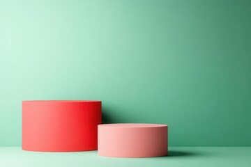 Two cylindrical boxes in red and pink sit on a mint-green background, creating a minimalist and modern aesthetic.