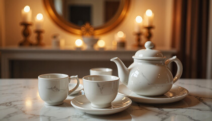 Fototapeta premium Elegant marble Chinese tea set in formal dining room, refined ambiance