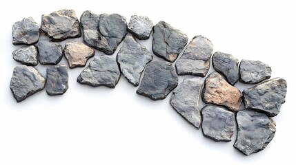 A Collection of Irregular Slate Stones Arranged on a White Background for Natural Texture and Landscape Design Inspiration