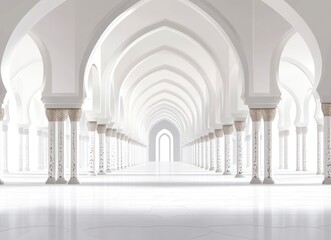 A white background with Islamic patterns and arches. A long corridor leading to the center of an Arabic mosque, with soft lighting casting shadows on its walls. 