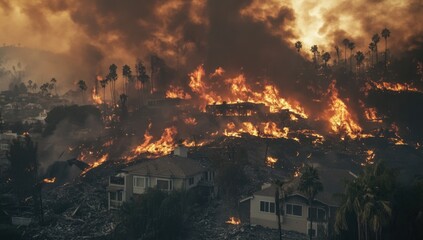 A massive fire spreads across the hillside in Los Angeles, California, threatening homes and structures as thick smoke and flames rise into the orange sky. Emergency response efforts are underway.