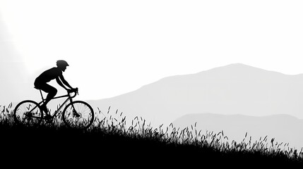 Fototapeta premium Silhouetted Cyclist Riding on a Hilltop Against a Backdrop of Mountains and Grassy Landscape in a Tranquil and Serene Environment at Dusk