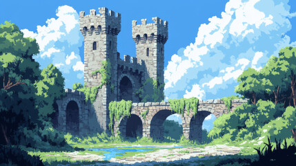 Fototapeta premium Magic castle on green field at summer day. Fantasy medieval architecture, palace or fortress with towers, bridge and climbing ivy. Fairytale palace and tree under blye sky Cartoon vector illustration