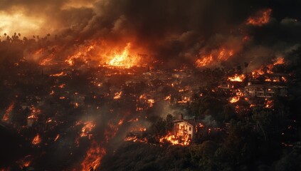 A massive fire spreads across the hillside in Los Angeles, California, threatening homes and structures as thick smoke and flames rise into the orange sky. Emergency response efforts are underway.