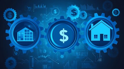 Obraz premium Interconnected gears showing house, dollar, and finance.