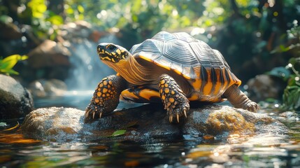 Spectacular Yellow-Footed Tortoise by the Creek