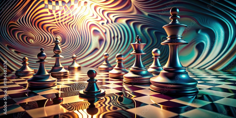 Poster strategic chess pieces on a reflective board in a psychedelic setting