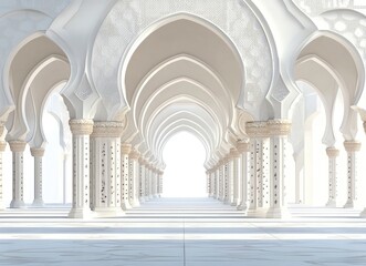 Fototapeta premium A white background with Islamic patterns and arches. A long corridor leading to the center of an Arabic mosque, with soft lighting casting shadows on its walls. 
