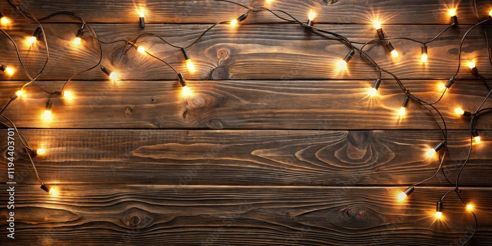 Aufkleber Warm String Lights on Rustic Wooden Surface for Festive Background