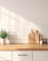 Bright Minimalist Kitchen Countertop with Wooden Cutting Boards and Herb Plant