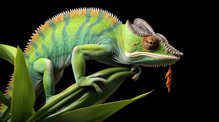 Obraz premium Vibrant Green Chameleon on Lush Leafage Against Black Background