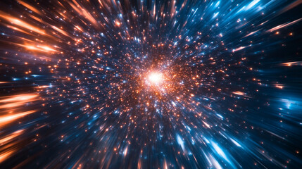 Dynamic cosmic explosion with vibrant colors and particle movement in space