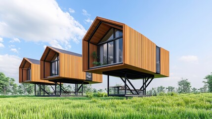 Modern Wooden Houses on Stilts with Green Landscape and Blue Sky