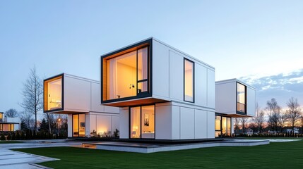 Obraz premium Modern Architectural Design of Modular Homes in Scenic Landscape