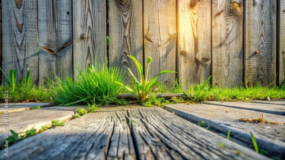 Poster a resilient sprout pushing through weathered wooden planks near a rustic fence