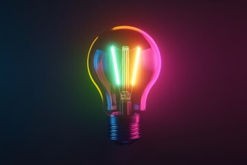 Neon lightbulb glowing with vibrant colors on dark background.