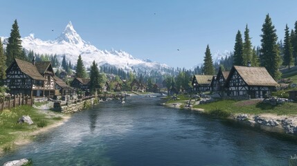 Naklejka premium Scenic view of a Swiss river stream running past charming alpine houses under a bright, clear sky.