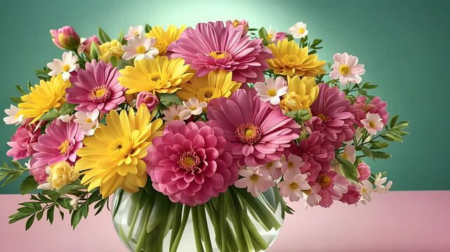 Mother&rsquo;s Day greeting card featuring colorful arrangement pink yellow flowers complemented by green leaves spring like feel