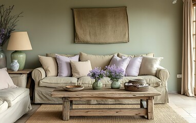 Relaxing living room interior design with rustic furniture and lavender