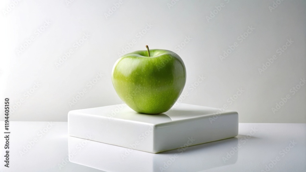 Poster a single green apple rests on a pristine white cube against a bright background