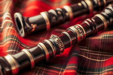 Close up of Traditional Scottish bagpipe lying on a tartan fabric