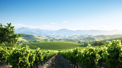 Naklejka premium Lush vineyard landscape with mountains in the background.