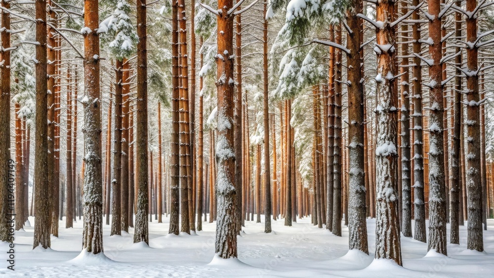 Poster winter wonderland snow-covered pine forest scene with sunlight filtering through the trees