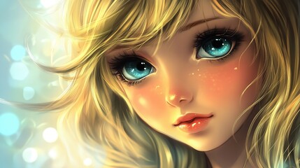 Fototapeta premium Sweet Girl with 2D Anime Effect, Cute and Expressive Character Design, Japanese Animation Style, Kawaii Aesthetic, Digital Art Illustration 